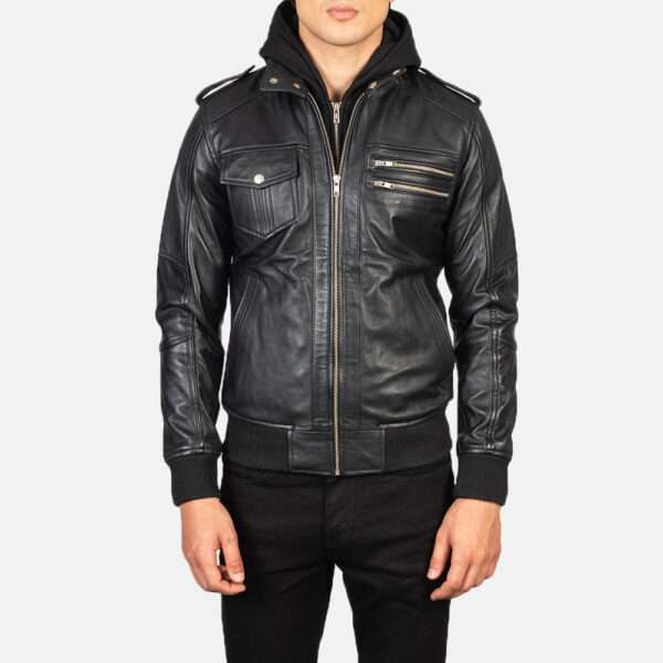 Black Hooded Leather Bomber Jacket